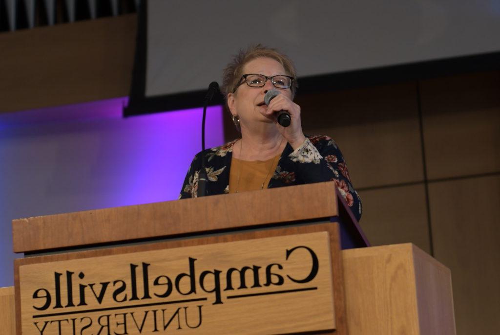 Nancy Walters sings “Heirloom” to the chapel audience. (CU Photo by Emily Barth)