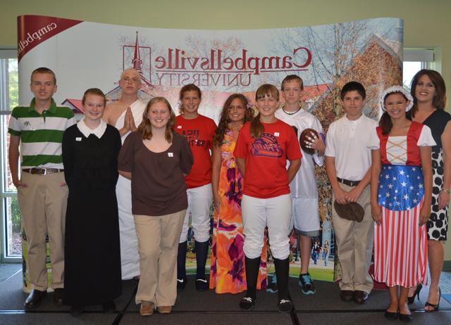 Campbellsville University Middle School Leadership met at Campbellsville University for their annual banquet May 10. Students from Campbellsville Middle School, along with Green County and Taylor County, dressed as their favorite person for the banquet. Students from left include: front row -- Brooklyn Harris (Betsy Ross), Heather Bailey (Jenny Finch), Brooke Harris (Sacajawea), and Kathryn Doss (Susan B. Anthony). Back row -- Angie Russell, sponsor, who is gifted and talented coordinator for Campbellsville Independent Schools; Jake Despain (Babe Ruth), Alex Bailey (Drew Brees), Kenzie Murrell (Princess Kaiulani), Keena Angel (Jessica Mendoza), Austin Hash (Mahatma Ghandi) and Andy Sabo (Harry Houdini). Campbellsville University’s College of Arts and Sciences works with the schools and their leadership program. (Campbellsville University Photo by Joan C. McKinney)